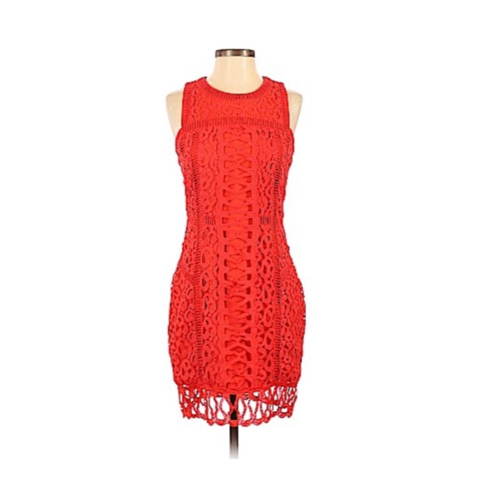 Greylin Red Orange Crochet Sleeveless Midi Dress
